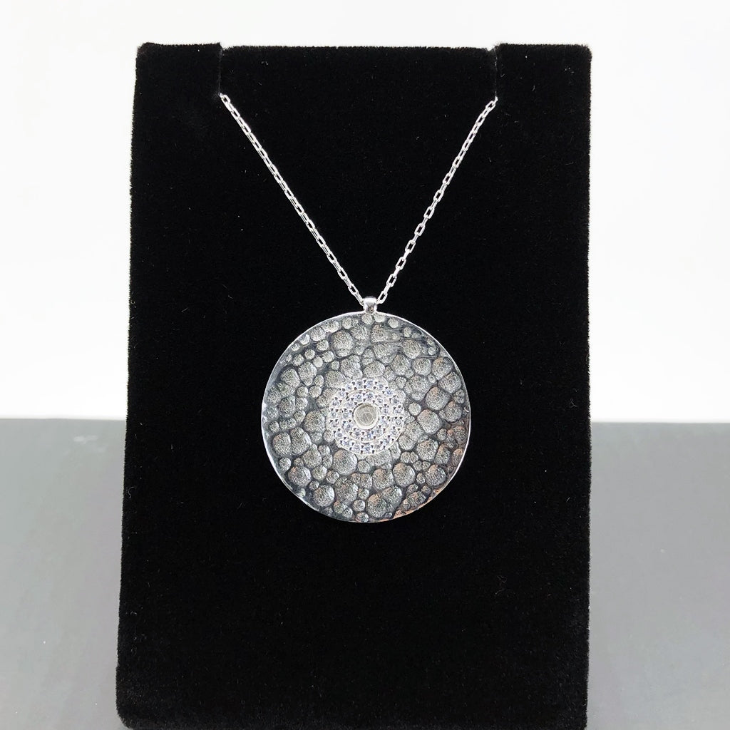 Evil Eye Hammered Disc Necklace, Sterling Silver and Micropave CZ