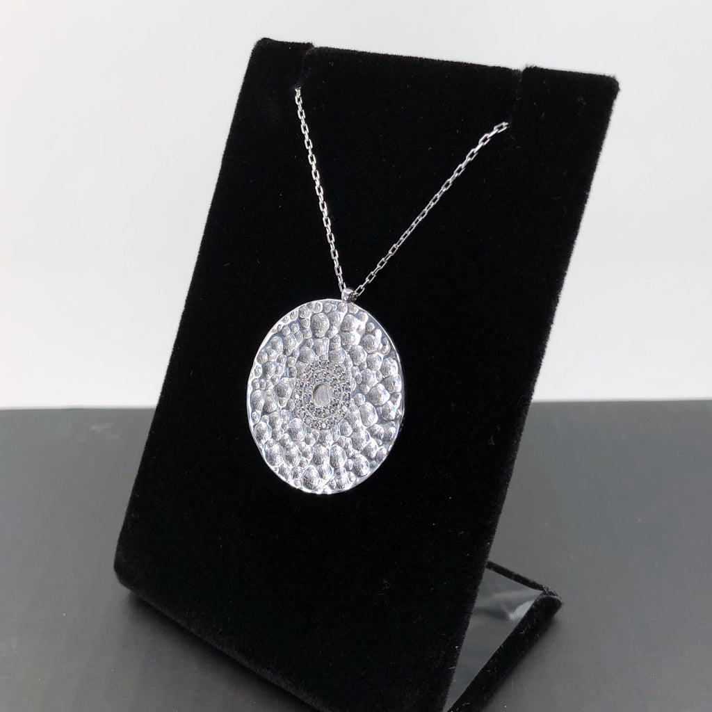 Evil Eye Hammered Disc Necklace, Sterling Silver and Micropave CZ