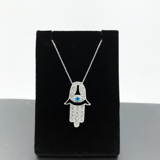 Evil Eye And Hamsa Micropave Necklace, Sterling Silver and CZ