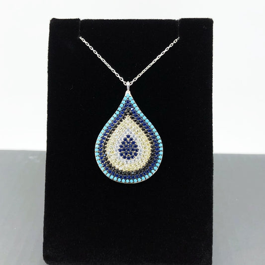 Evil Eye Mosaic Style Sterling Silver Teardrop Necklace