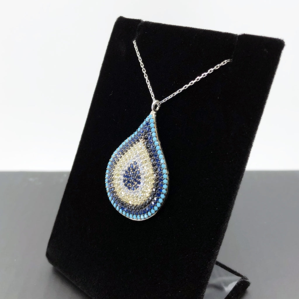 Evil Eye Mosaic Style Sterling Silver Teardrop Necklace