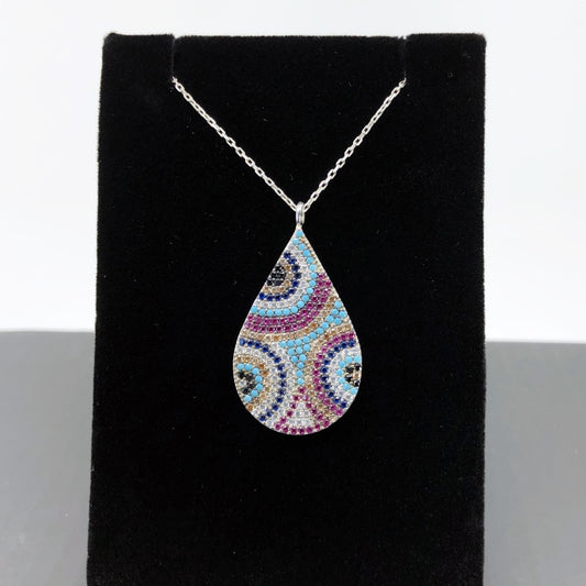 Multicolor Evil Eye Teardrop Necklace, Sterling Silver With Turquoise And CZ