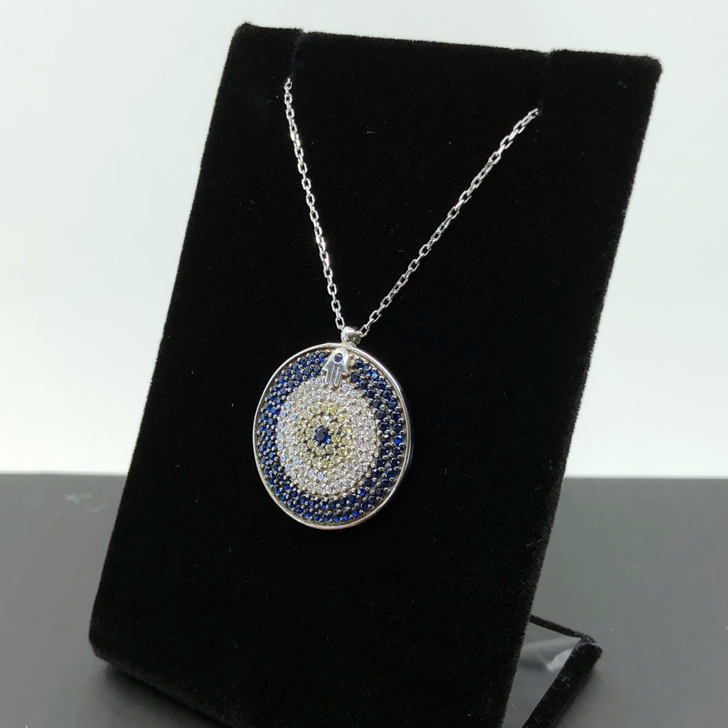 Evil Eye And Hamsa Mosaic Necklace, Sterling Silver Necklace And CZ