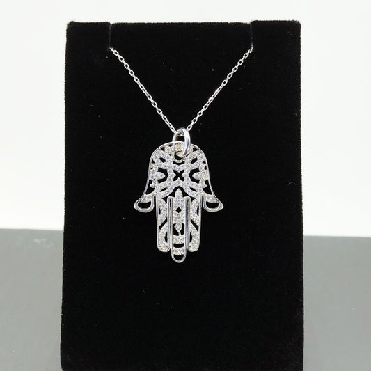 Dainty Hamsa Necklace, Sterling Silver And Micropave CZ 