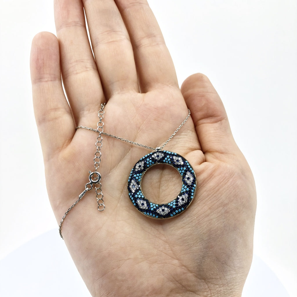 Evil Eye Mosaic Style Sterling Silver Necklace