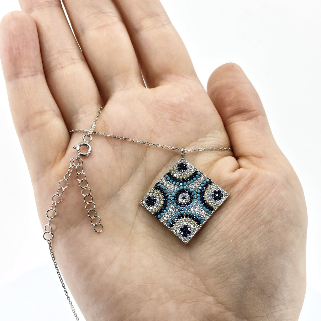 Evil Eye Tile Necklace, Sterling Silver With Turquoise And CZ