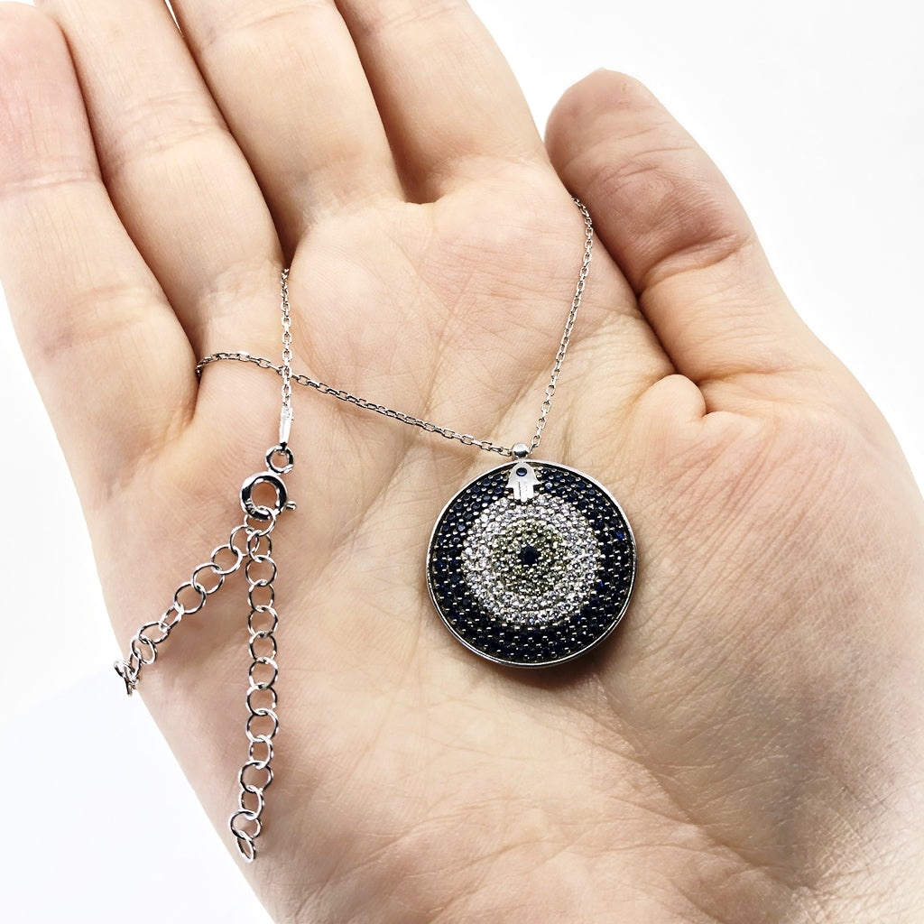 Evil Eye And Hamsa Mosaic Necklace, Sterling Silver Necklace And CZ