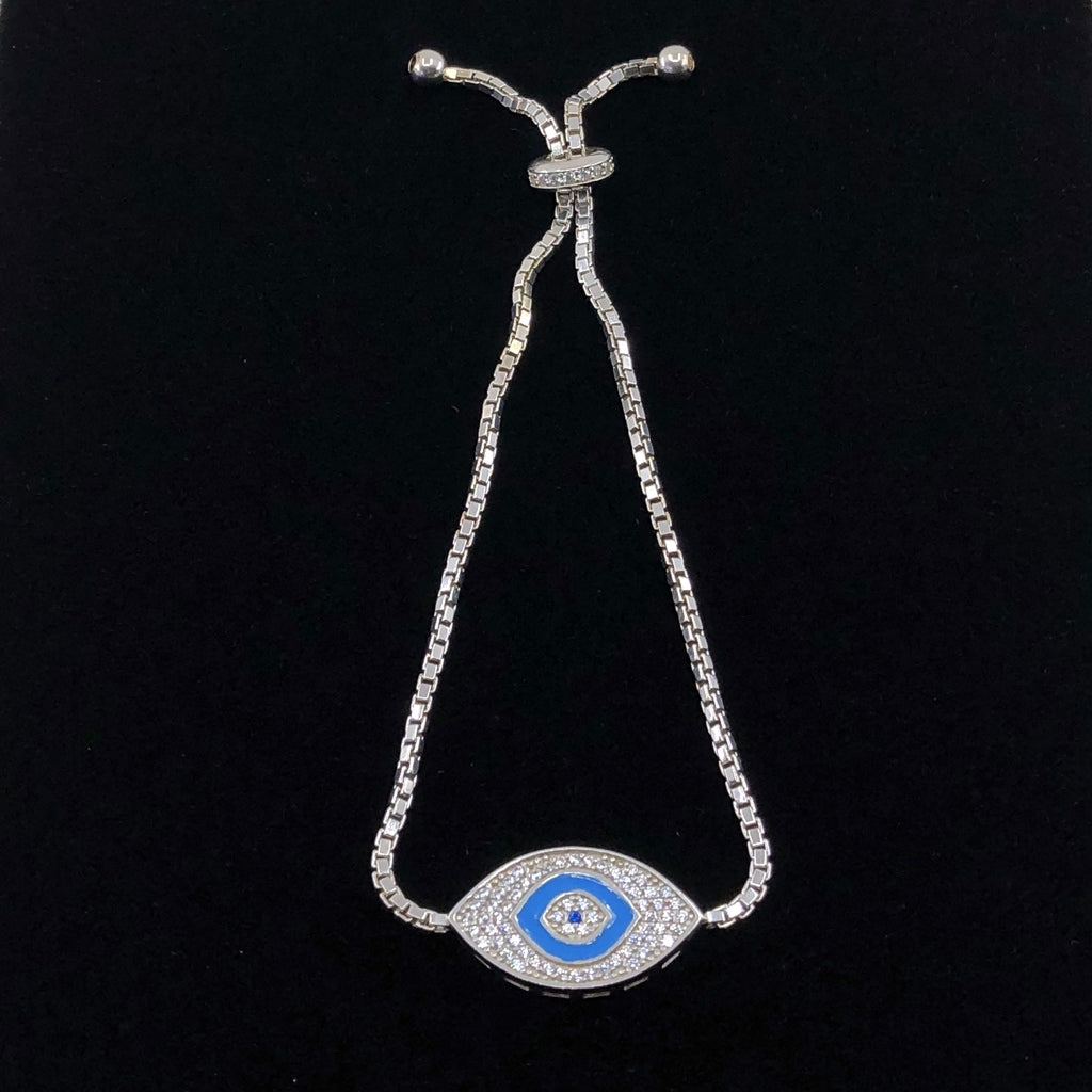 Evil Eye Adjustable Bracelet, Light Blue Enamel And CZ