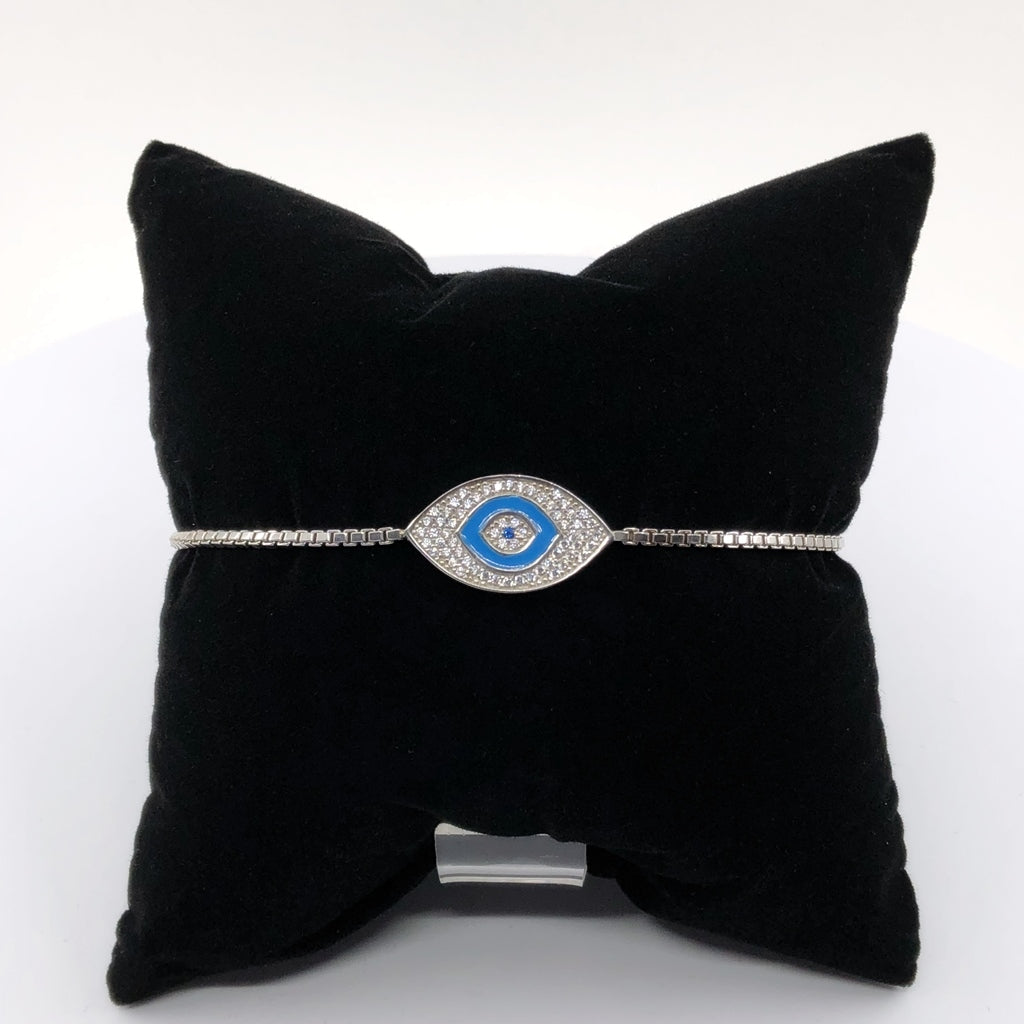 Evil Eye Adjustable Bracelet, Light Blue Enamel And CZ