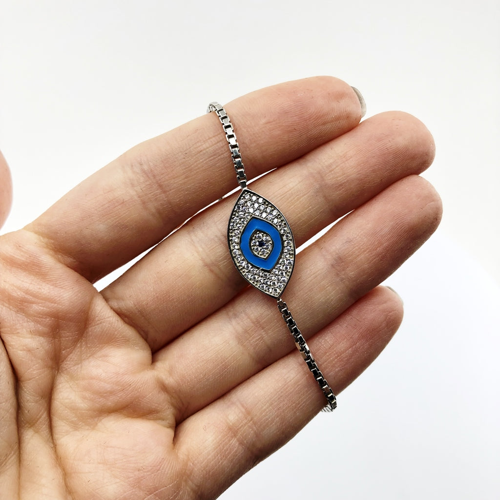 Evil Eye Adjustable Bracelet, Light Blue Enamel And CZ