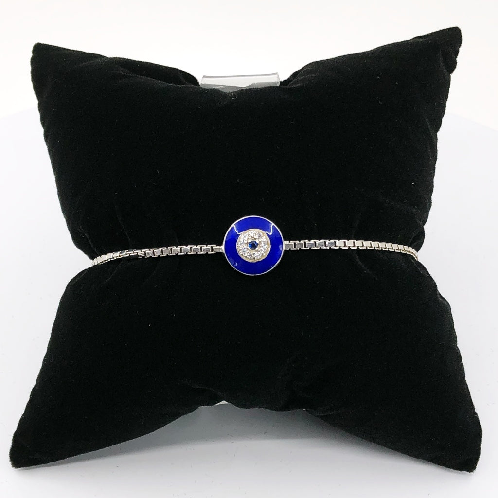 Evil Eye Adjustable Bracelet With Dark Blue Enamel and CZ