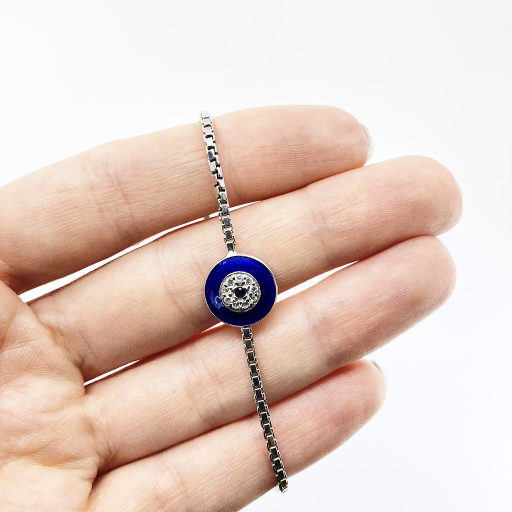 Evil Eye Adjustable Bracelet With Dark Blue Enamel and CZ