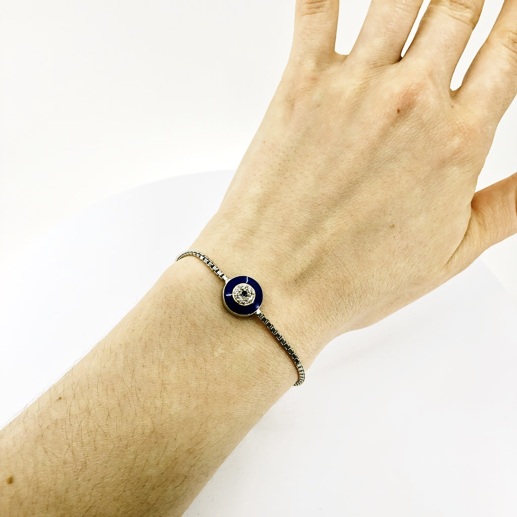 Evil Eye Adjustable Bracelet With Dark Blue Enamel and CZ