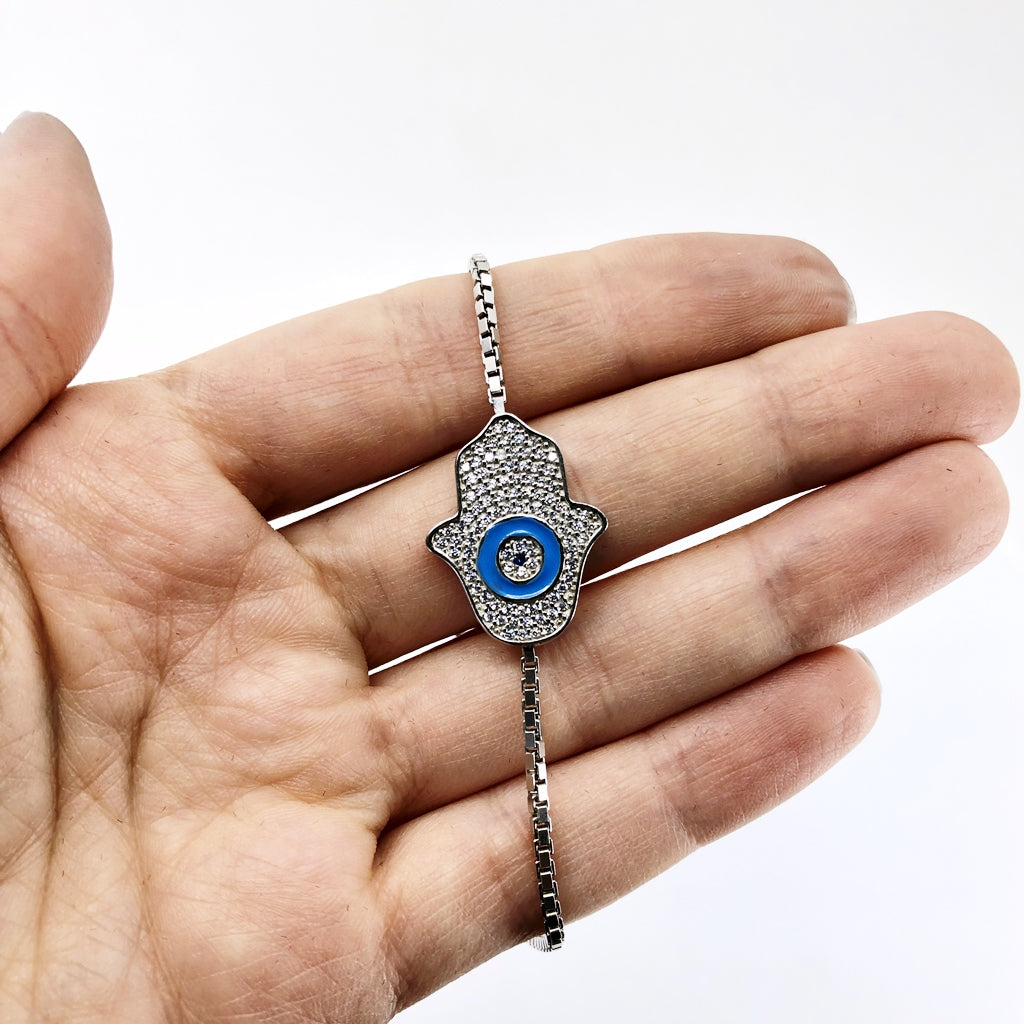 Hamsa With Evil Eye Adjustable Bracelet, Light Blue Enamel And CZ