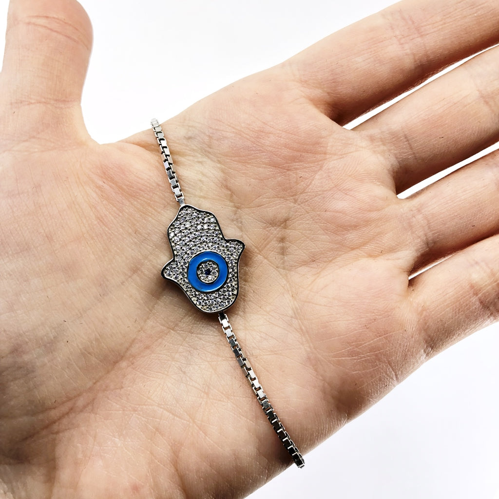 Hamsa With Evil Eye Adjustable Bracelet, Light Blue Enamel And CZ