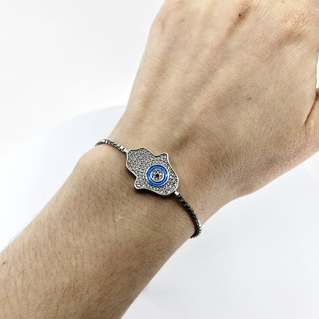 Hamsa With Evil Eye Adjustable Bracelet, Light Blue Enamel And CZ