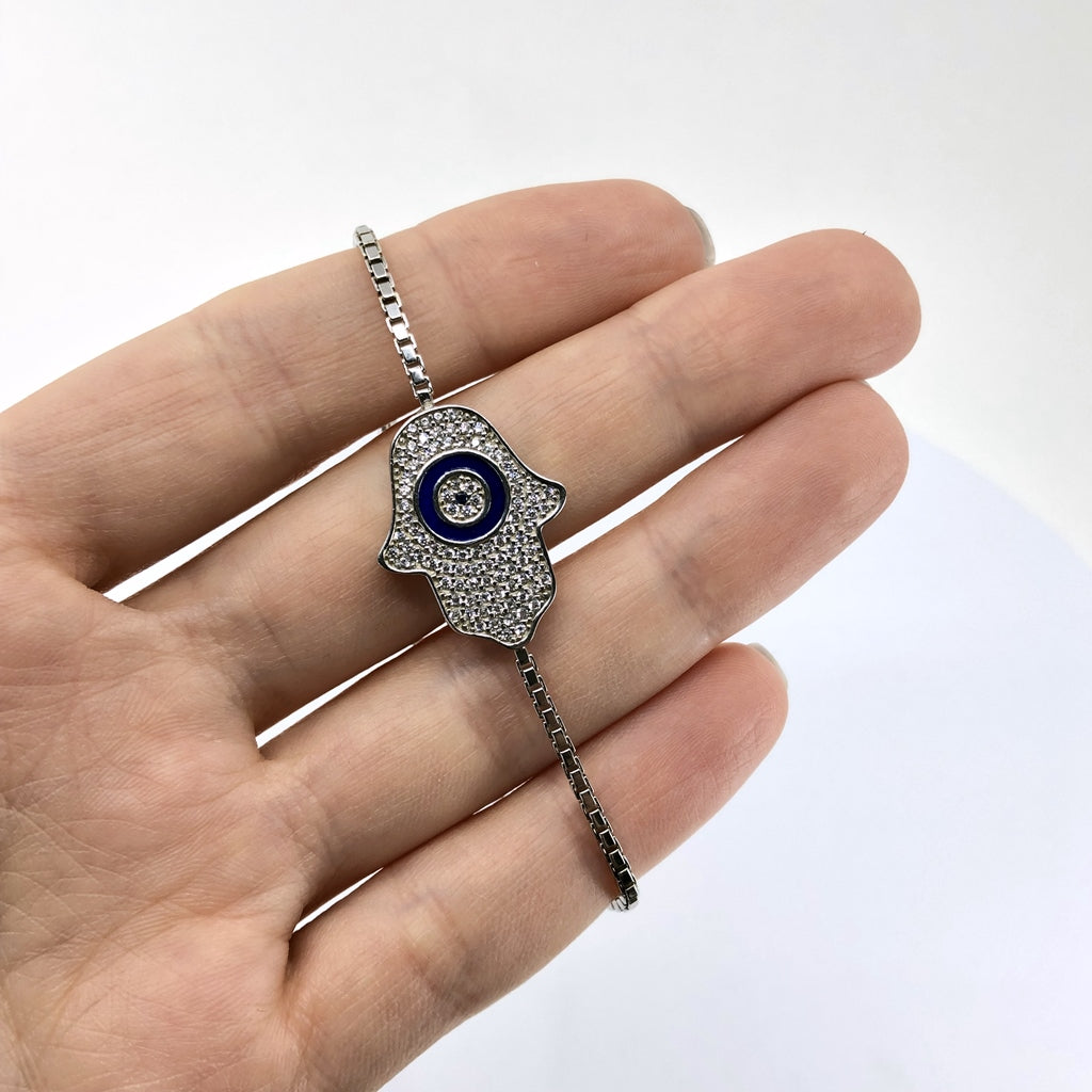 Hamsa With Evil Eye Adjustable Bracelet, Dark Blue Enamel And CZ