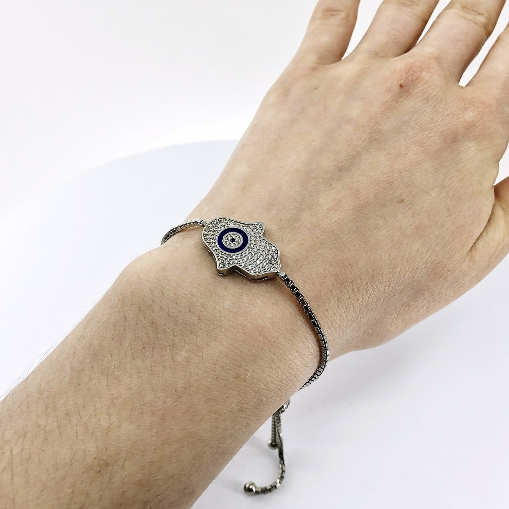 Hamsa With Evil Eye Adjustable Bracelet, Dark Blue Enamel And CZ