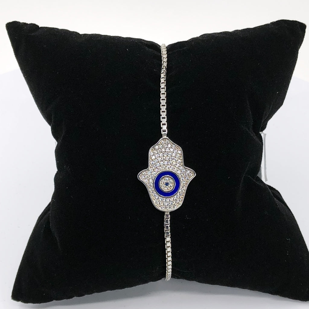 Hamsa With Evil Eye Adjustable Bracelet, Dark Blue Enamel And CZ