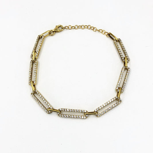 Gold Plated Paperclip-Style Bracelet, Sterling Silver and CZ
