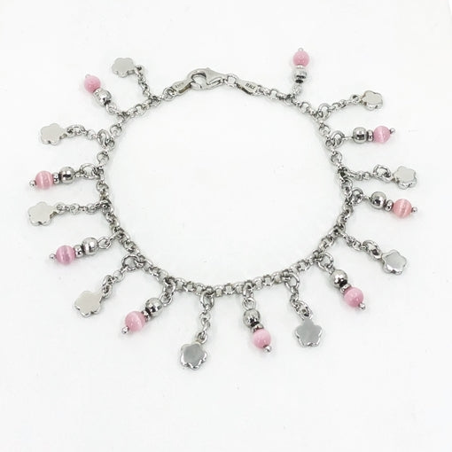 Pink Cat's Eye Sterling Silver Flower Bracelet