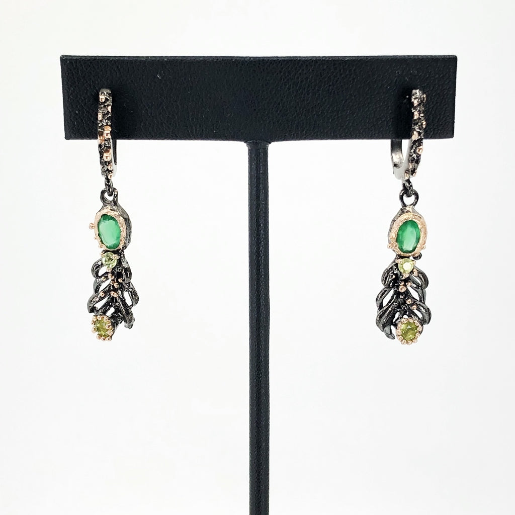 Oxidized Silver Feather Earrings With Green Onyx And Peridot