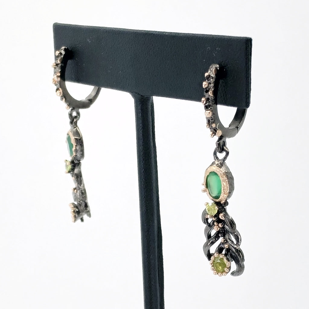 Oxidized Silver Feather Earrings With Green Onyx And Peridot