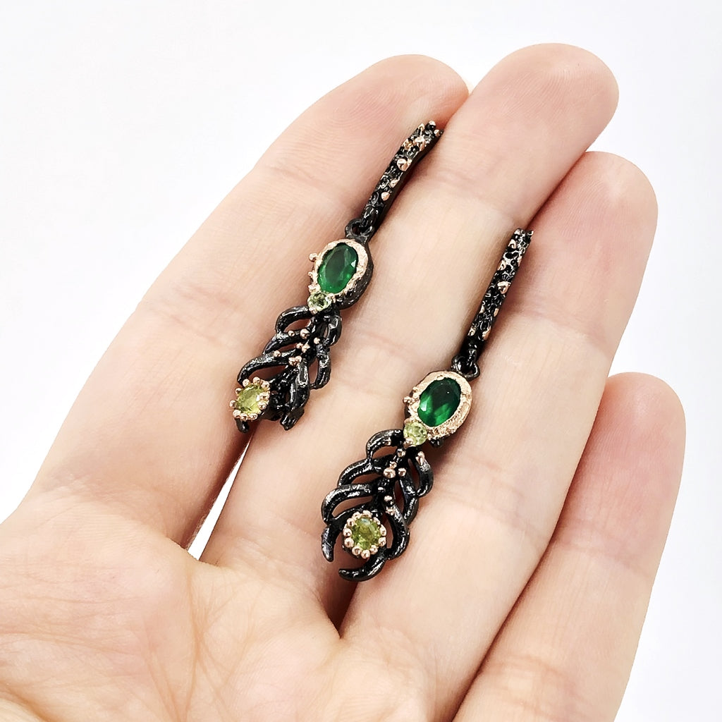 Oxidized Silver Feather Earrings With Green Onyx And Peridot