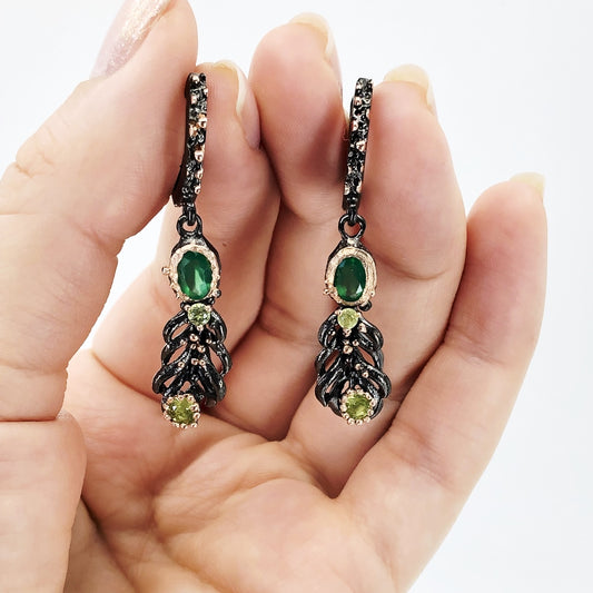 Oxidized Silver Feather Earrings With Green Onyx And Peridot