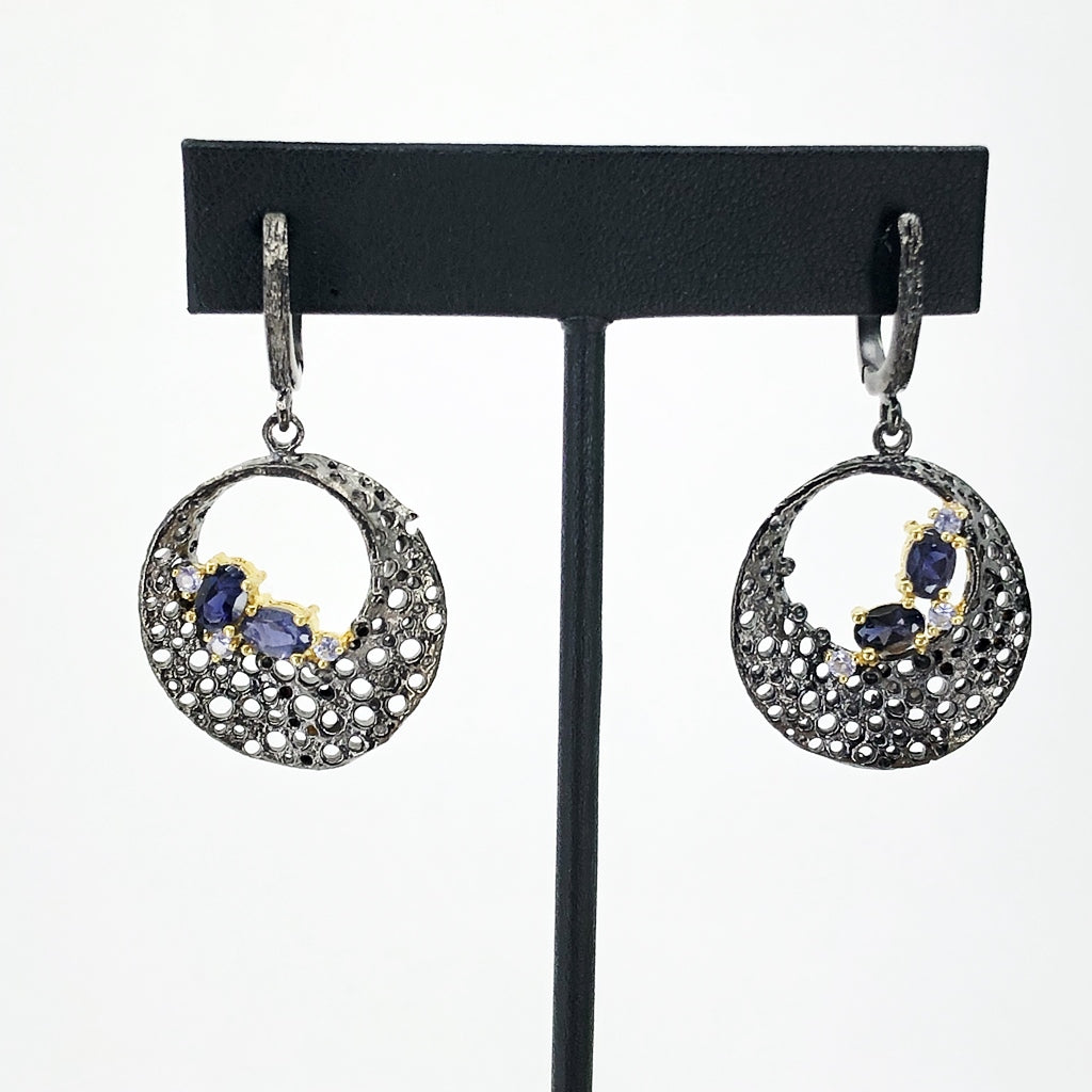 Perforated Mobius Strip With Iolite and Tanzanite, Oxidized Sterling Silver Earrings