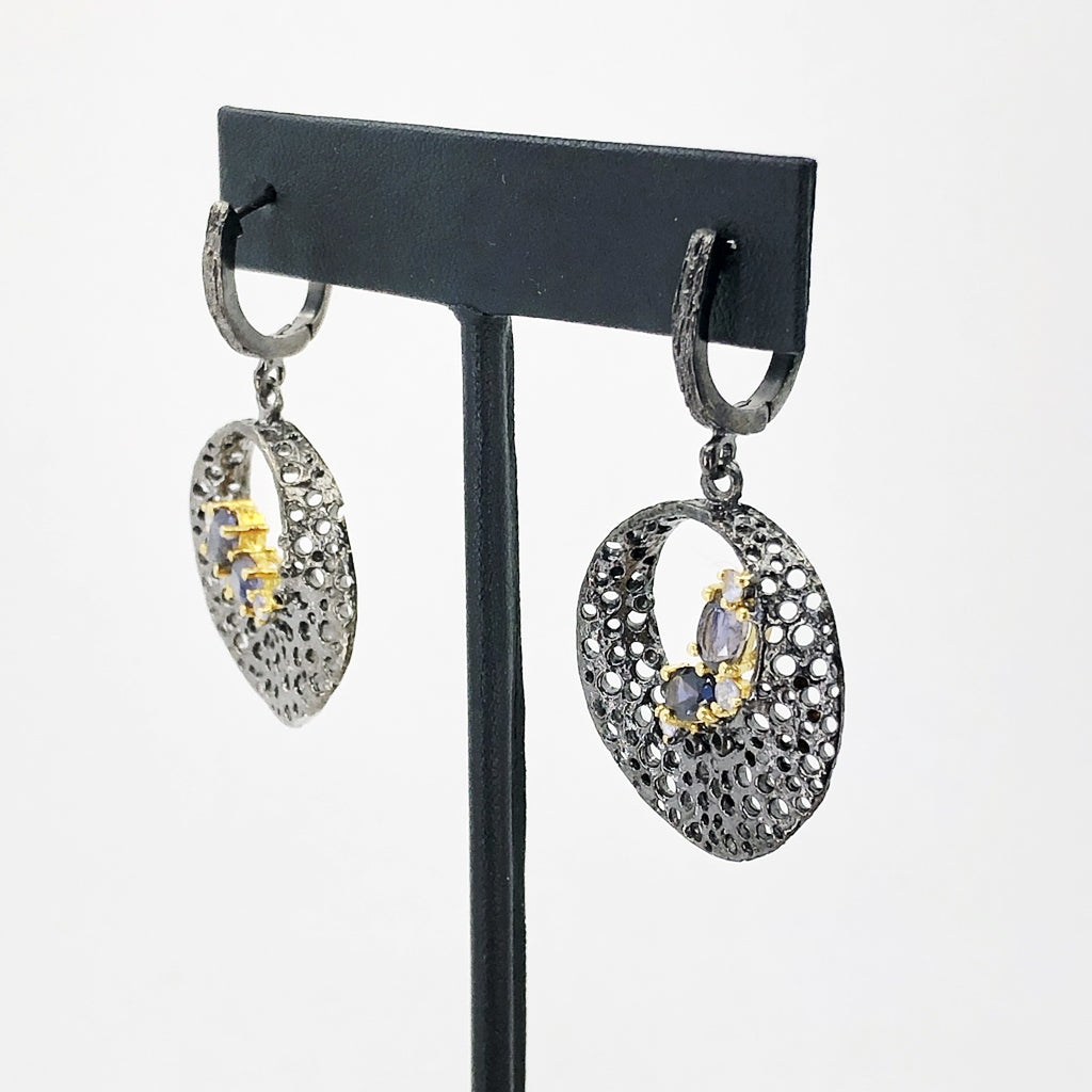 Perforated Mobius Strip With Iolite and Tanzanite, Oxidized Sterling Silver Earrings