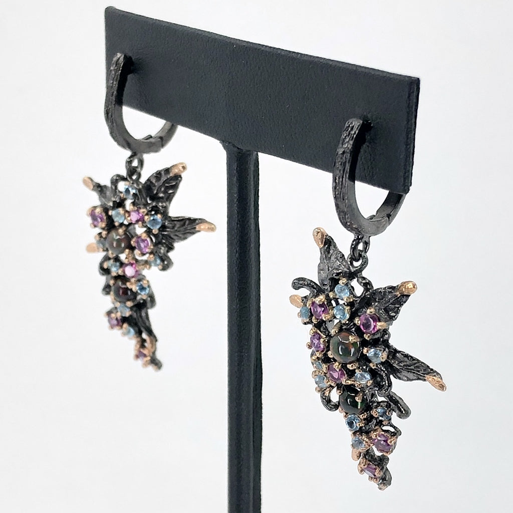 Grape Vine Oxidized Silver Earrings With Black Opal, Rhodolite, And Blue Topaz 