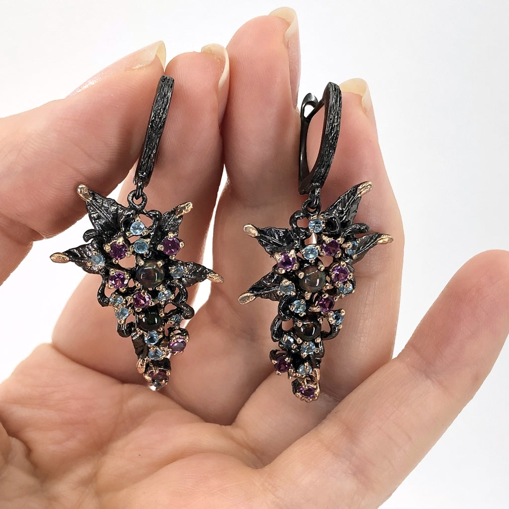 Grape Vine Oxidized Silver Earrings With Black Opal, Rhodolite, And Blue Topaz 