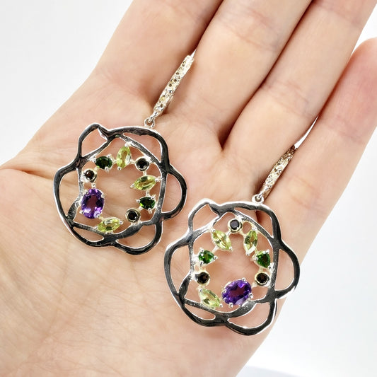 Silver Flower Earrings With Amethyst, Peridot, Chrome Diopside, Smoky Quartz