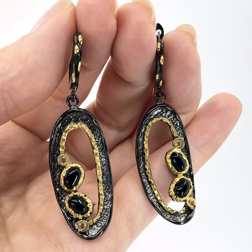 Sterling Silver Earrings With Black Spinel And Citrine