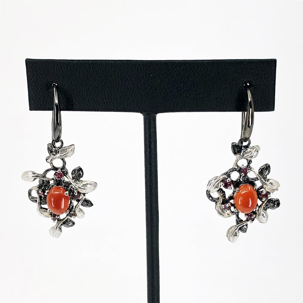 Carnelian And Rhodolite Oxidized Silver Earrings