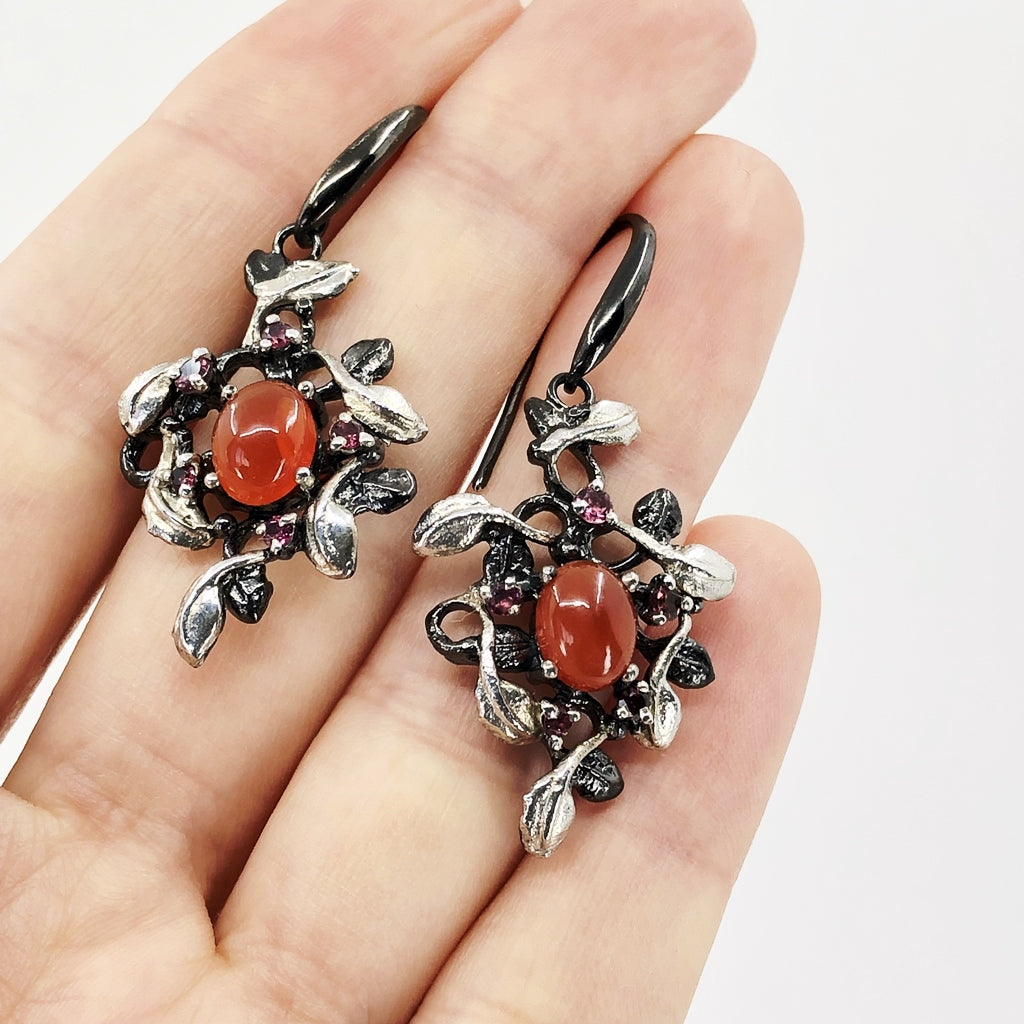 Carnelian And Rhodolite Oxidized Silver Earrings