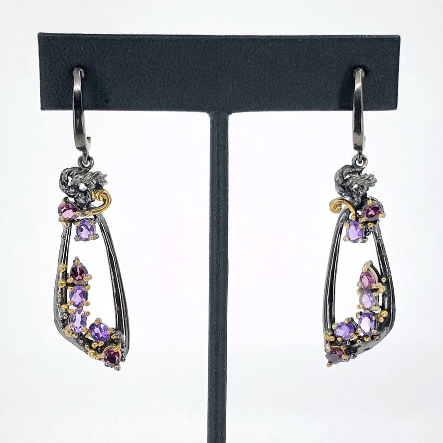 Amethyst and Rhodolite Oxidized Silver Earrings