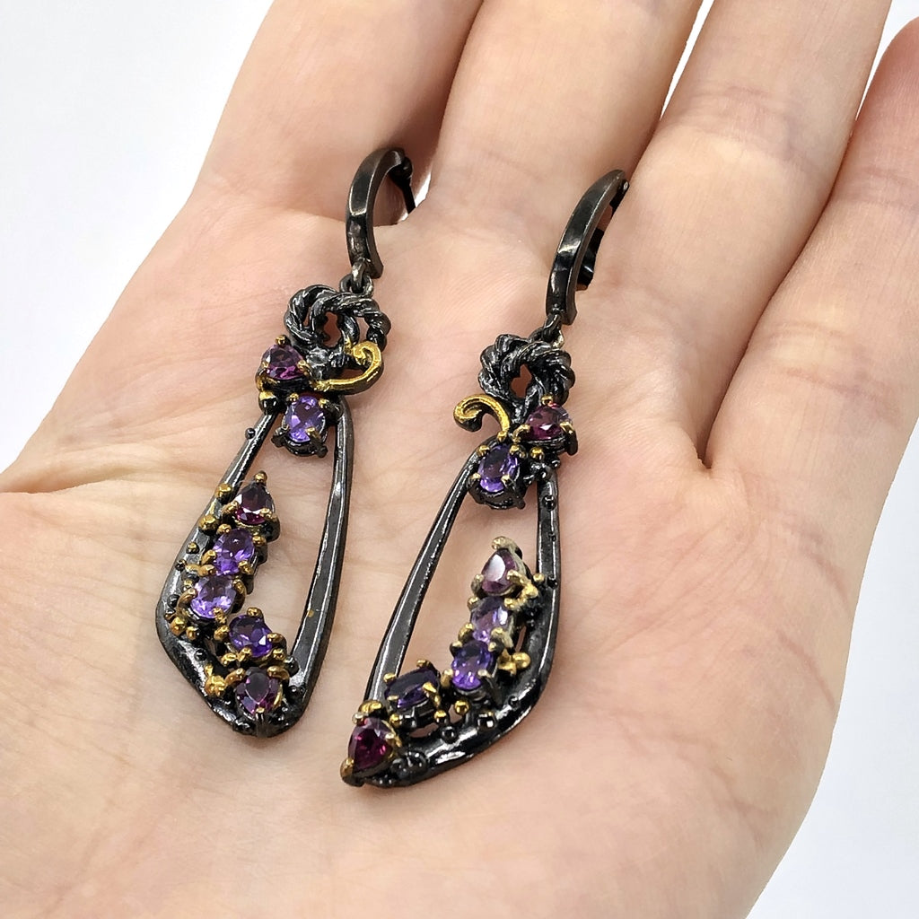 Amethyst and Rhodolite Oxidized Silver Earrings