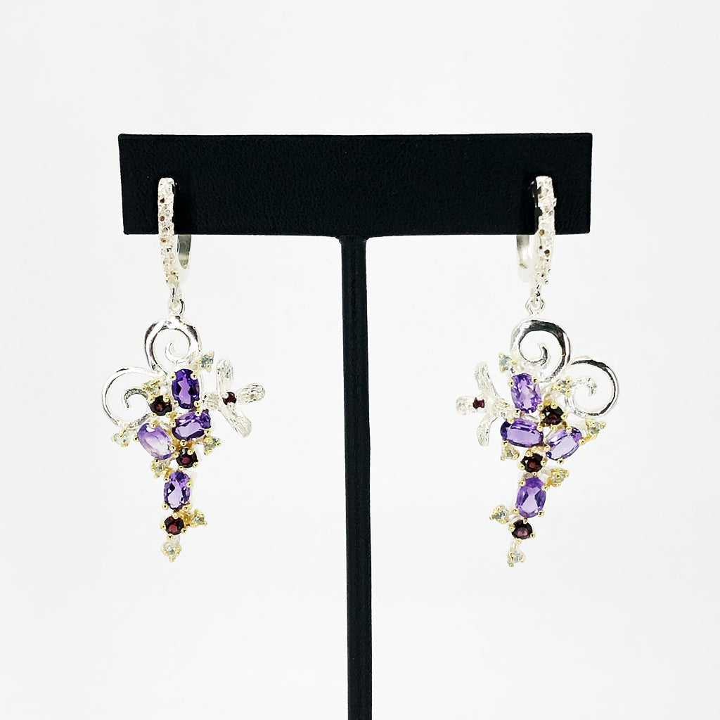 Amethyst, Blue Topaz And Rhodolite Silver Earrings