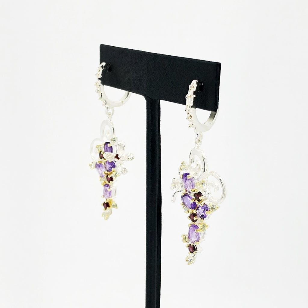 Amethyst, Blue Topaz And Rhodolite Silver Earrings