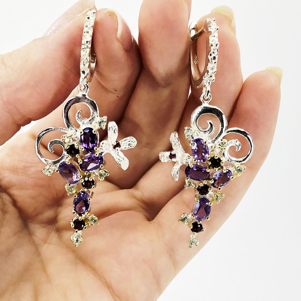 Amethyst, Blue Topaz And Rhodolite Silver Earrings