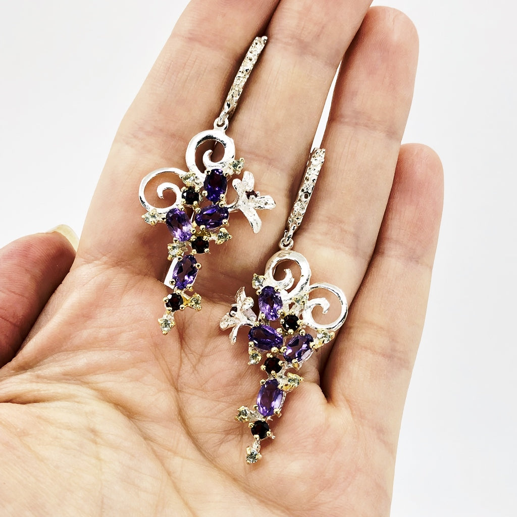 Amethyst, Blue Topaz And Rhodolite Silver Earrings