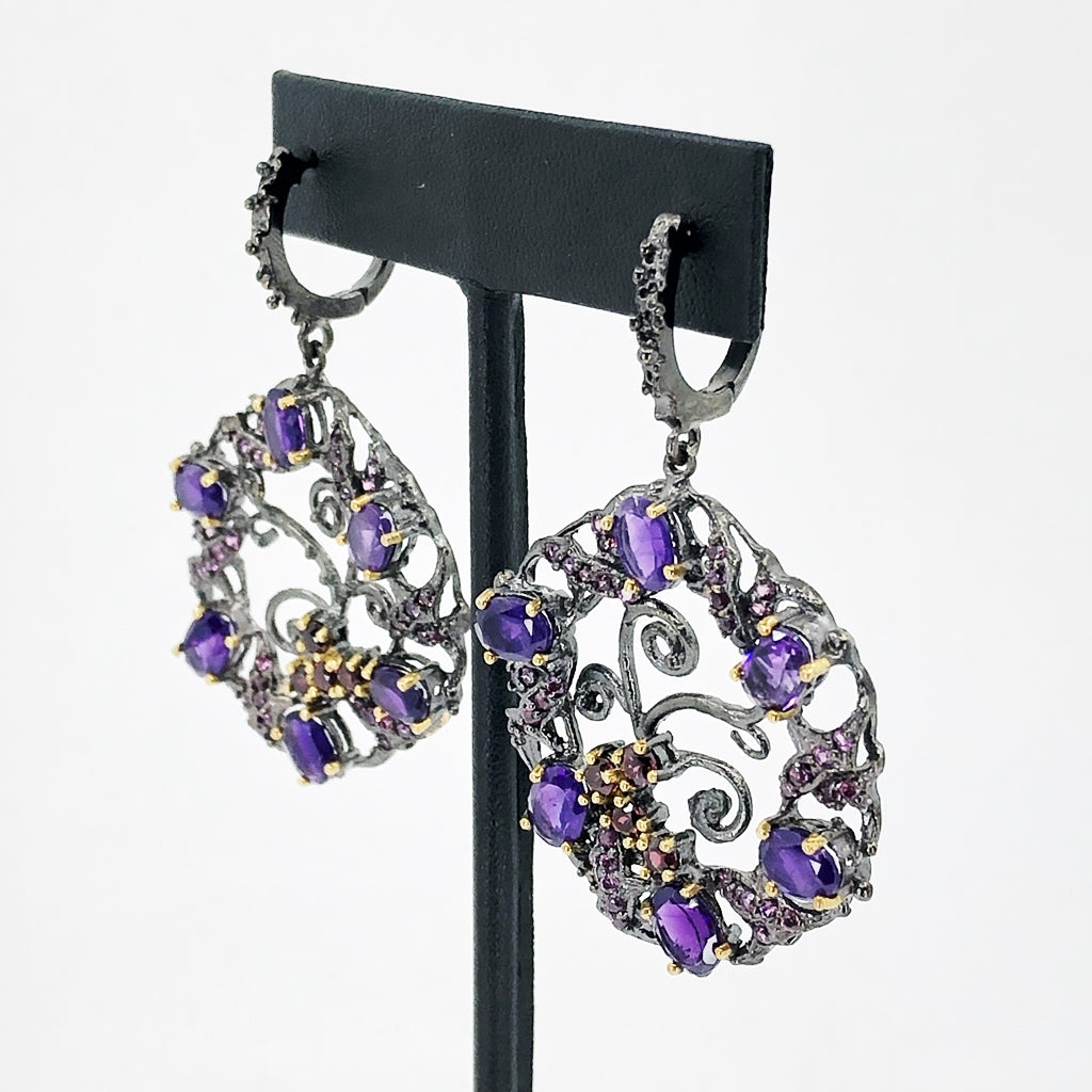 Amethyst, Garnet and Rhodolite Oxidized Silver Earrings