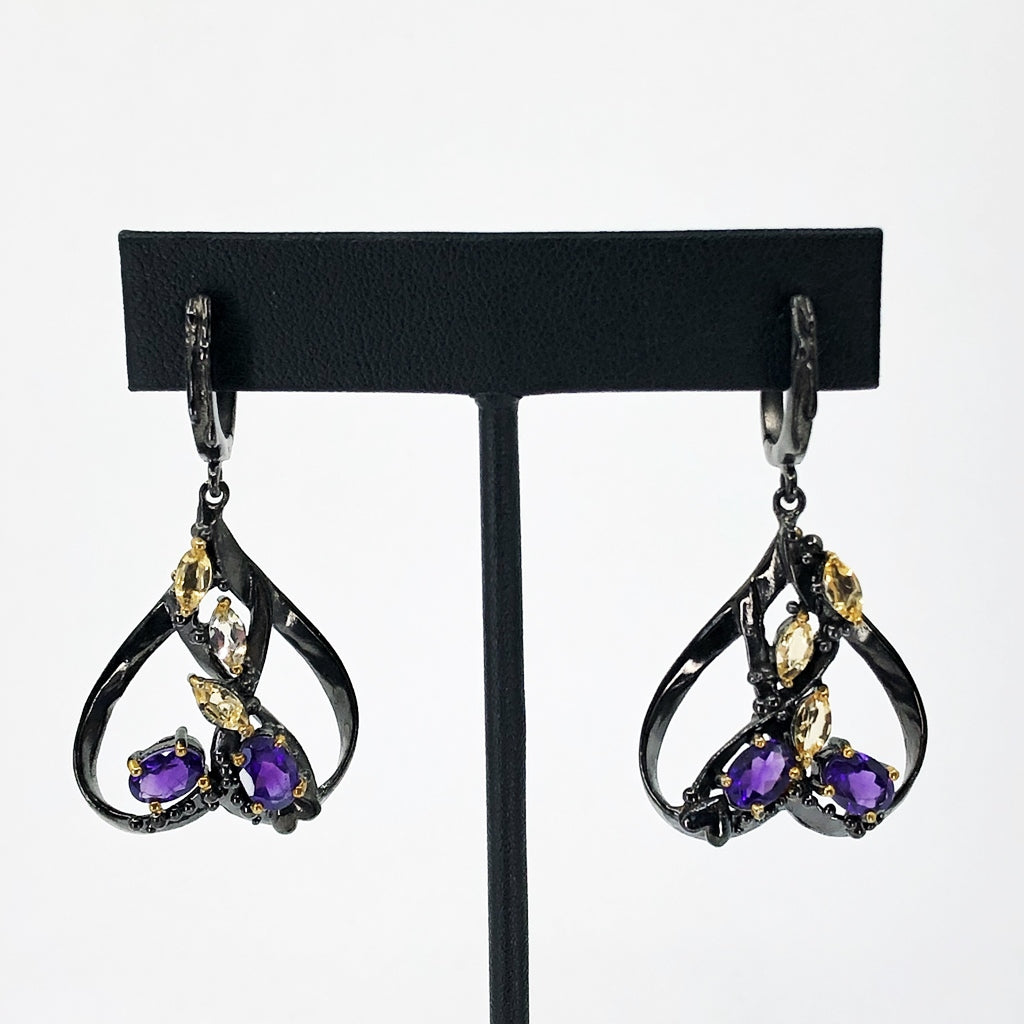 Spade-Shaped Oxidized Silver Earrings With Amethyst and Citrine