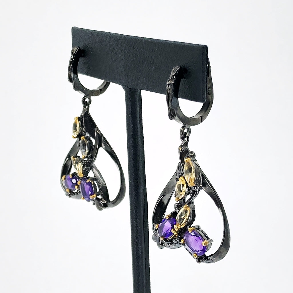 Spade-Shaped Oxidized Silver Earrings With Amethyst and Citrine