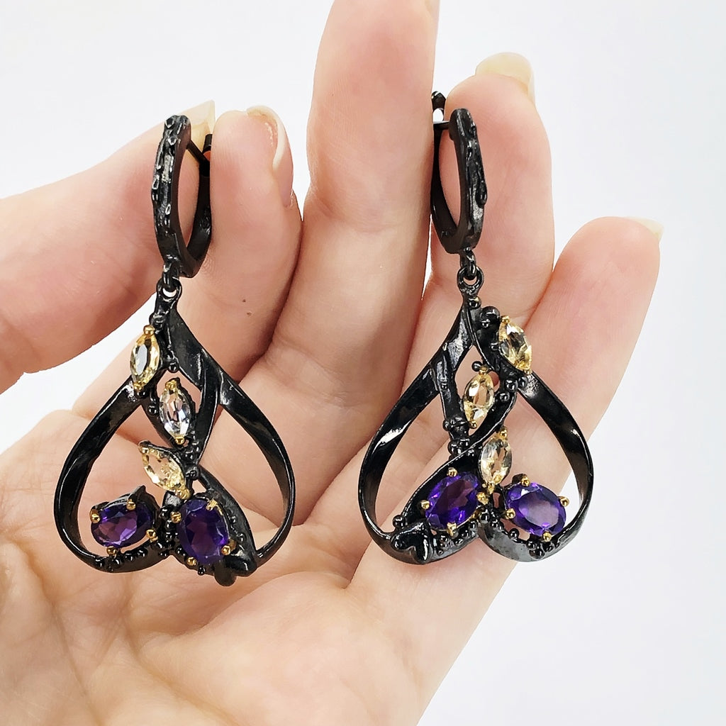 Spade-Shaped Oxidized Silver Earrings With Amethyst and Citrine