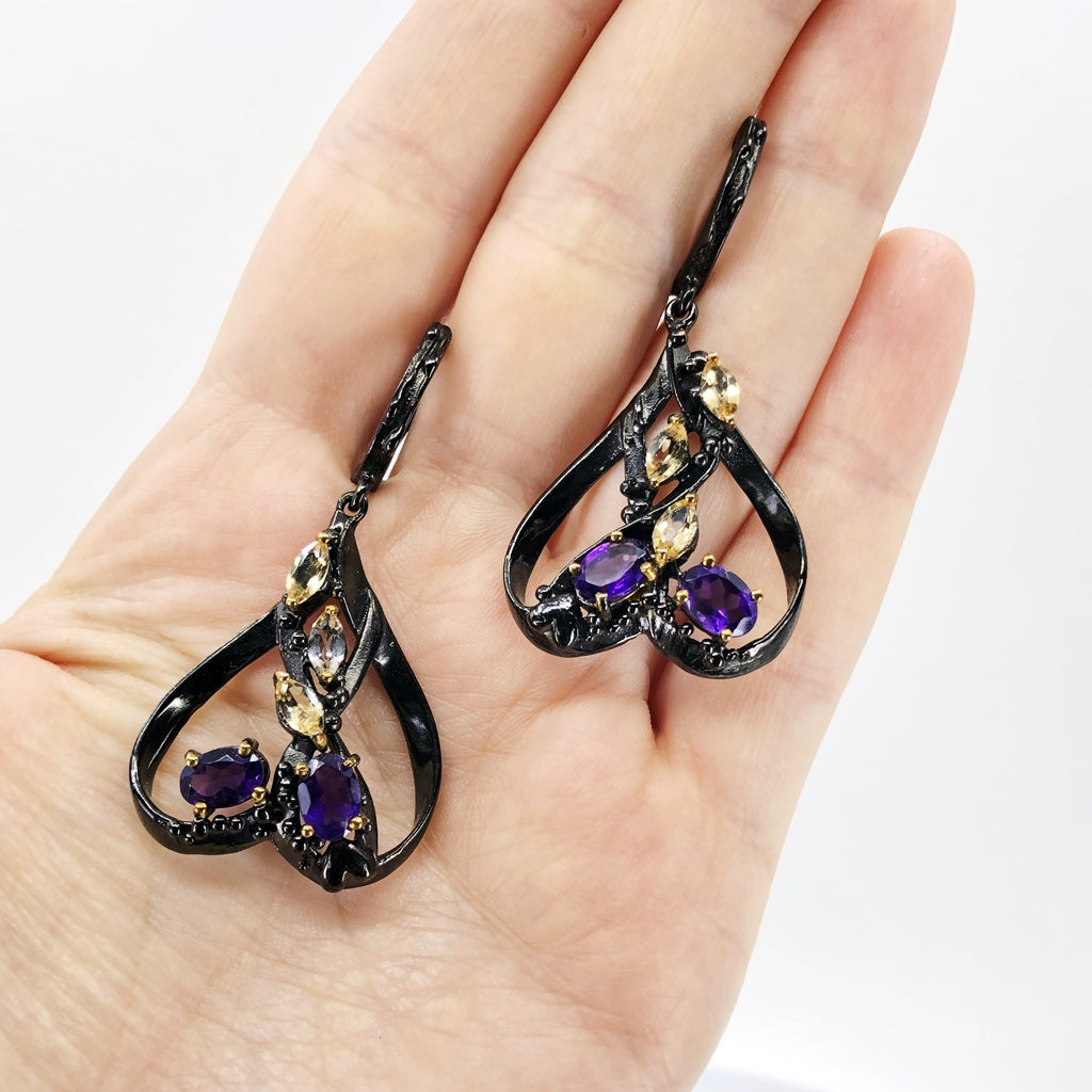 Spade-Shaped Oxidized Silver Earrings With Amethyst and Citrine