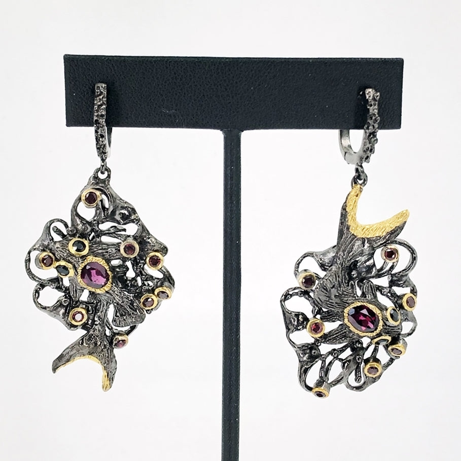 Koi Fish Oxidized Silver Earrings With Amethyst, Garnet, And Black Spinel 