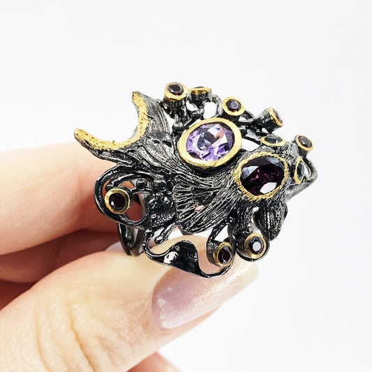 Koi Fish Adjustable Silver Ring With Amethyst, Garnet, And Black Spinel 